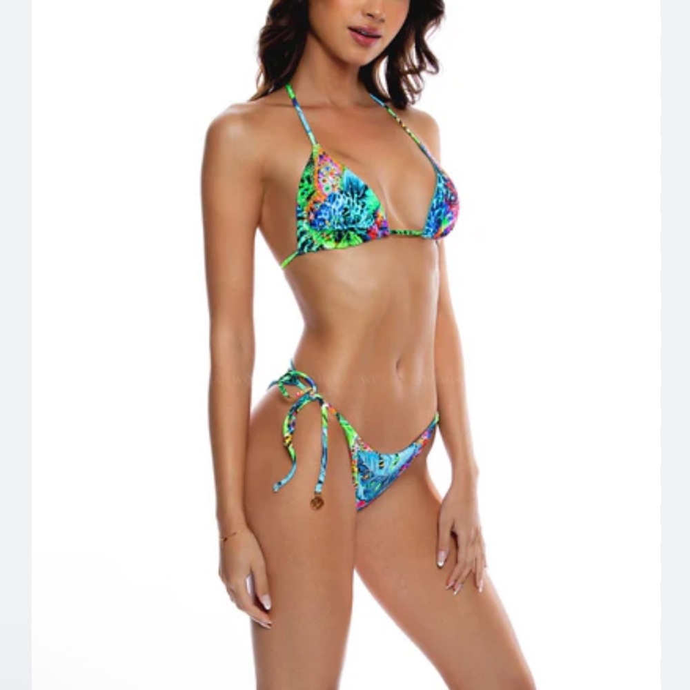 Luli Fama Turquoise, Yellow & Gold Scalloped Bikini, sz2, Medallion Charms NWOT